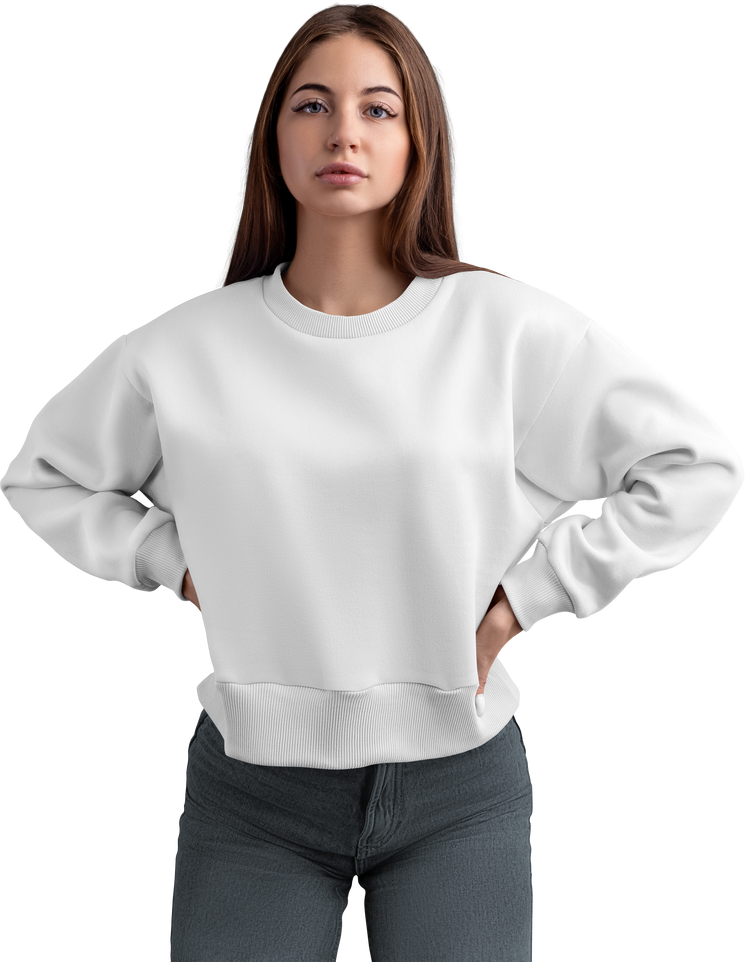 Mockup white crop sweatshirt on the body, png, canvas bella, front