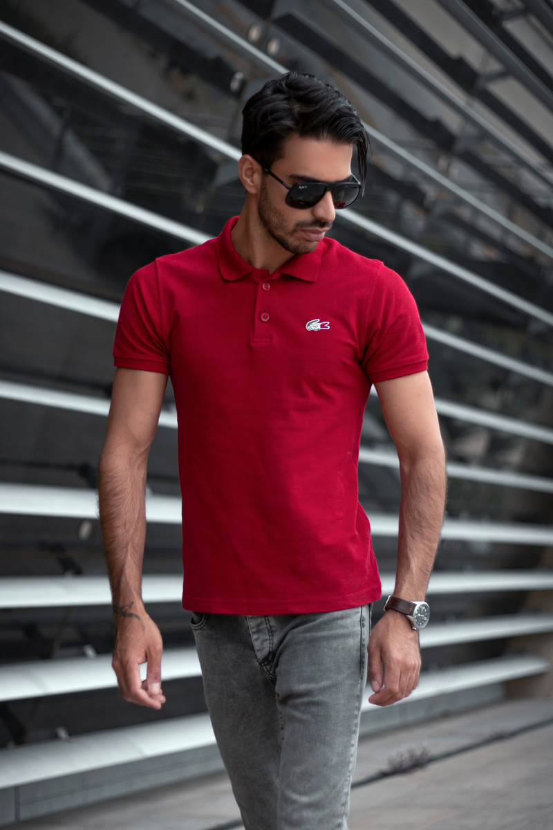 Man in Red Polo Shirt  Wearing Black Sunglasses